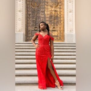 Glamorous Red Beaded Prom Gown